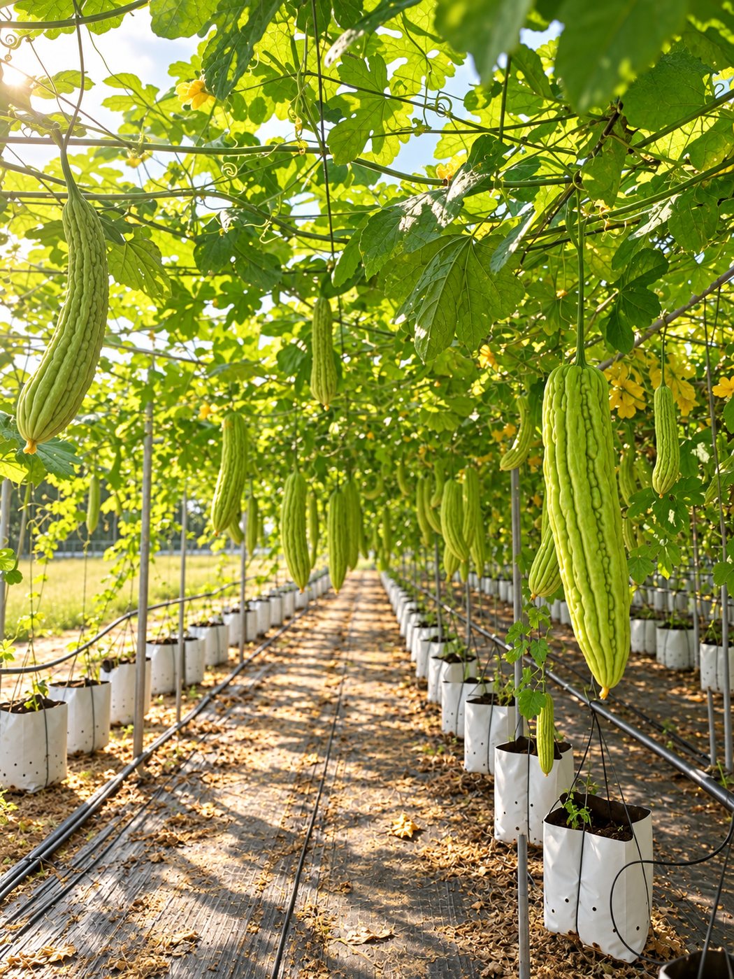 Ridged green bitter gourd hanging from an overhead trellis above rows of polybags with drip lines