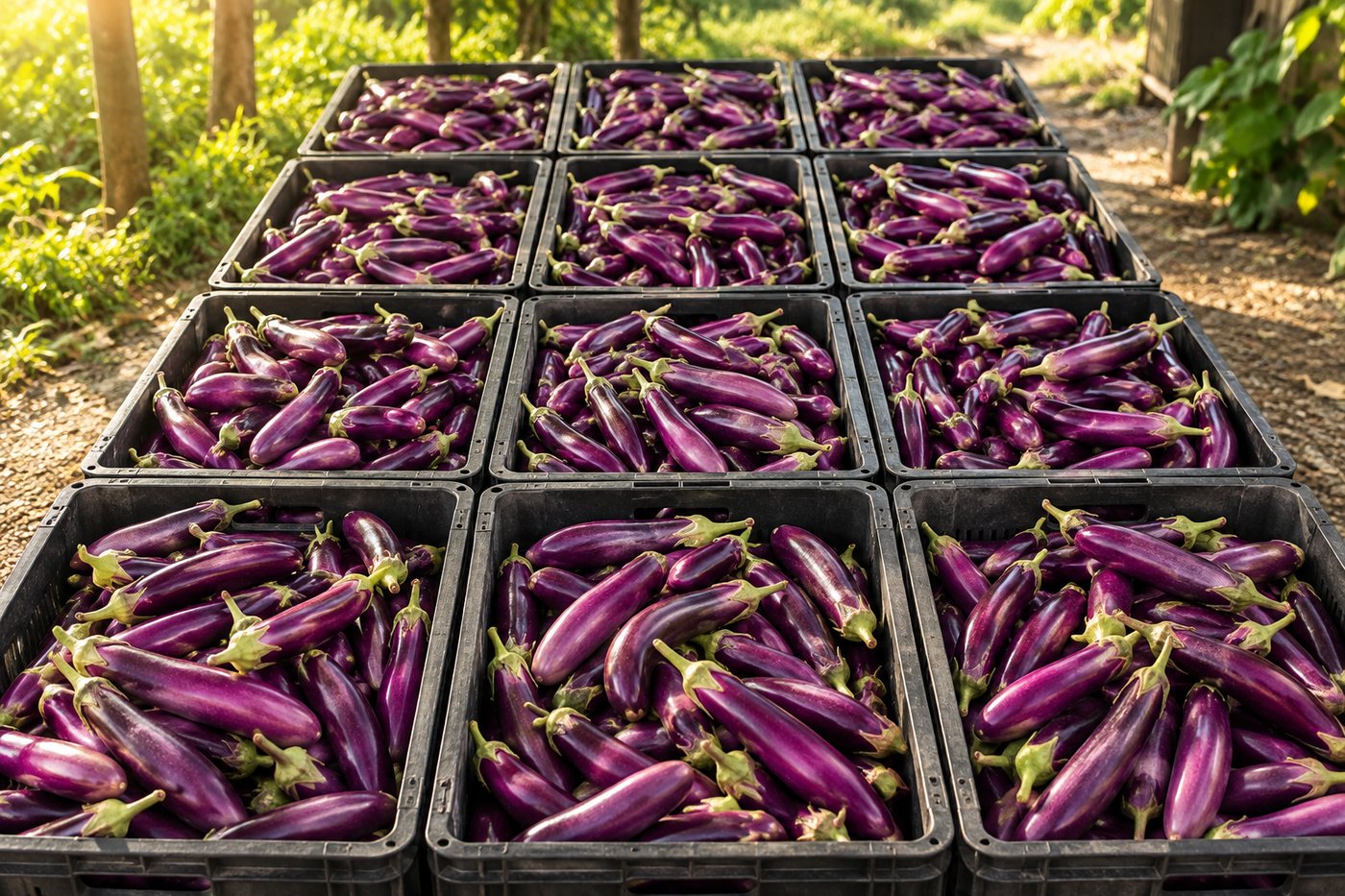 Twelve crates of graded purple long eggplant lined up at the collection point, stems intact