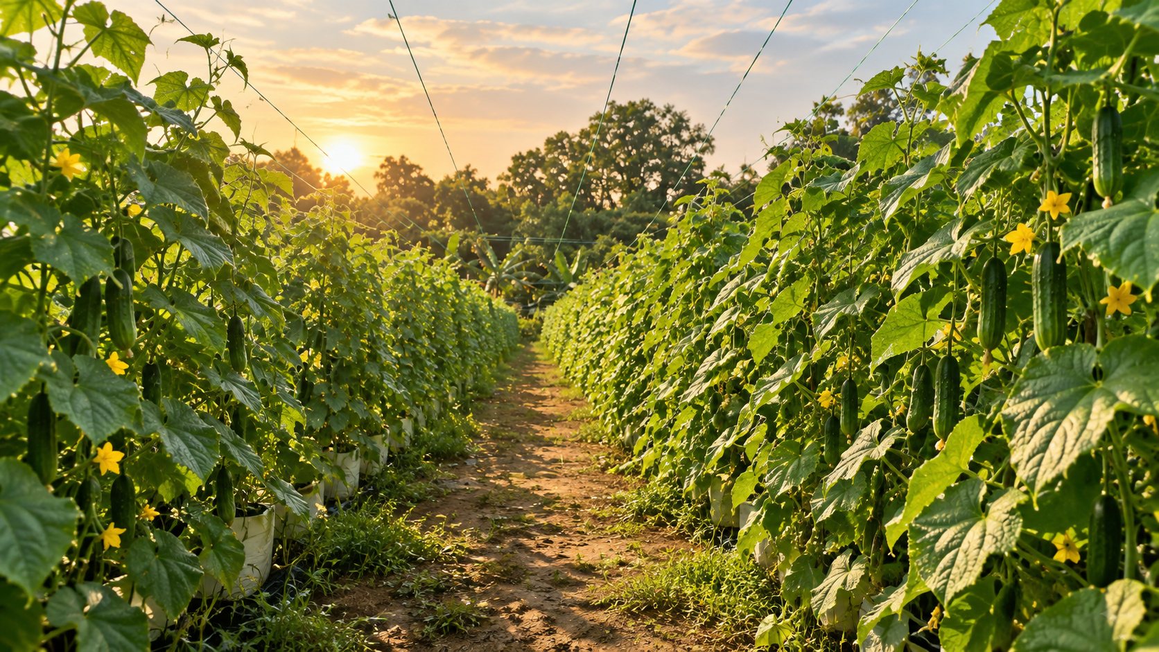 Rows of cucumber plants on trellis wires above white polybags with drip fertigation, photographed in low morning light
