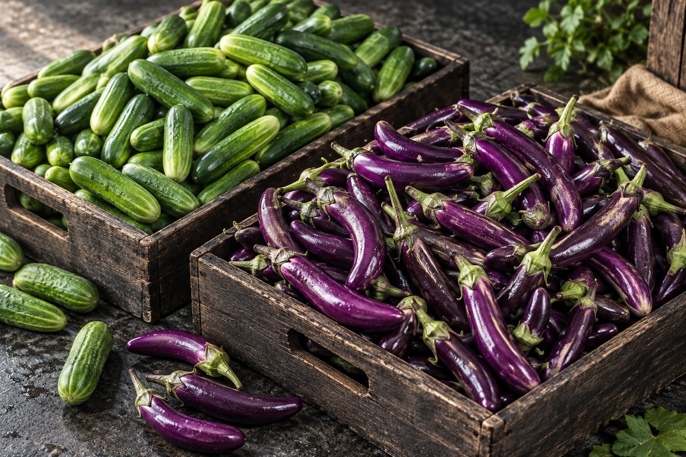 Cucumber and purple eggplant packed side by side in crates, showing two crop lines from one delivery
